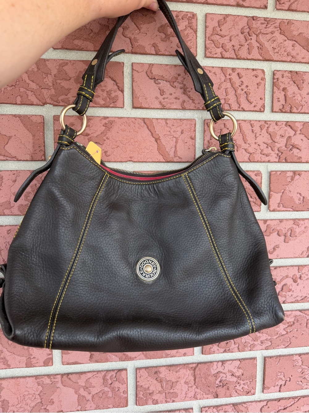 Dooney & Bourke Dark Brown Leather Hobo with Yellow Stitching
